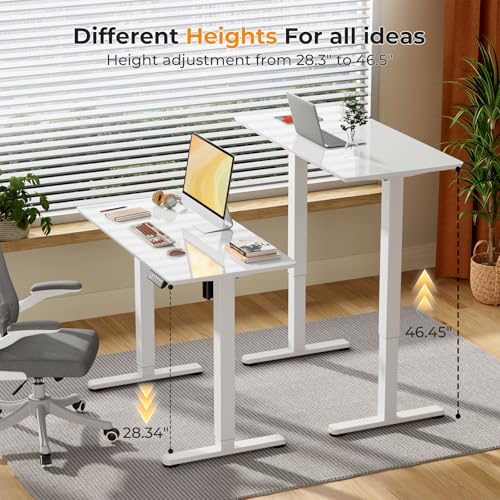 Image of JOY worker Small Electric Standing Desk, 40 inch x 20 inch Whole Glass Piece Height Adjustable Desk with Memory Controller, White Sit to Stand Desk Workstation for Home Office