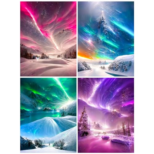 MytaYt 4 Pièces Diamond Painting Paysage Aurore Boreale 5D Broderie Diamant DIY Diamant Painting pour Adulte Enfant 30x40cm Décoration Murale
