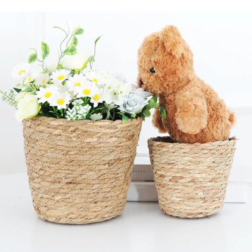 Korb 2er Set Pflanzenkorb Seegras Pflanzkübel Rund Blumentopf Pflanze Blumen Aufbewahrungskorb Kräutertopf übertopf Boho, Blumenübertopf Deko geflochten (17×20 cm)