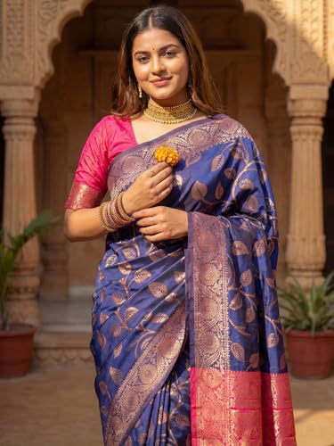 Image of AKHILAM Women's Kanjivaram Woven Soft Silk Saree With Blouse Piece