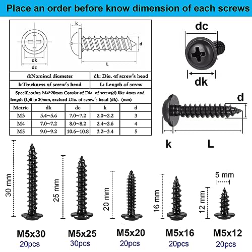 FandWay 100Pcs Self Tapping Screws Black,M5 Wood Screws Assortment,Pan Head With Washer Self Drilling Screw,Wafer Head Sheet Metal Screw Phillips Drive for DIY Woodwork Repairs - Image 3
