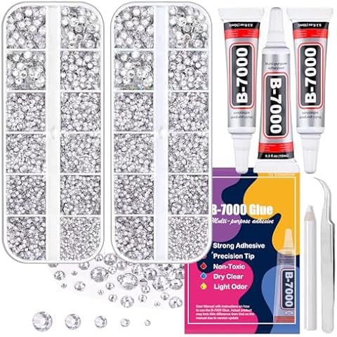 Resin Rhinestones for Crafting, Flatback Gems for Clothing Fabric, Flat Back Crystal Clear Diamonds Glue Fix, 2 Colors Bedazzling Kit 4 Sizes ss6-ss20 Mixed, B7000 Jewelry Glue for DIY Nail Art Cover