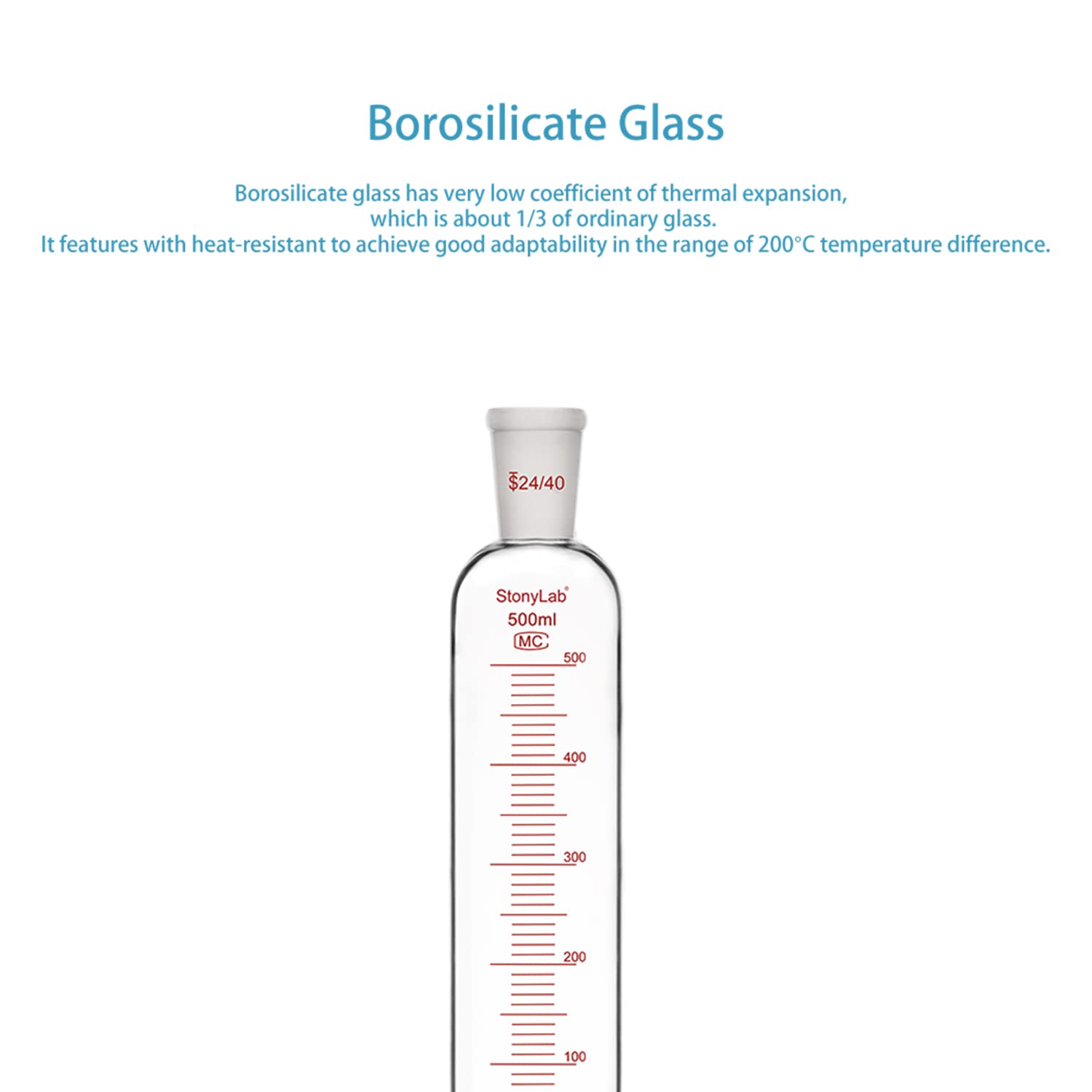 stonylab Embudo de adición, Embudo de Goteo Graduado de Vidrio de Borosilicato Junta 24/40 con Llave de Paso de PTFE para Laboratorio Embudo Adicional, 500 ml