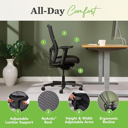 Image of Bundle of HON Ignition 2.0 ReActiv Ergonomic Office Chair with Lumbar Support, Synchro-Tilt Recline, Breathable Flex-Back Support for Office Chair, Black + Carpet Chair Mat (36 inch x 48 inch)