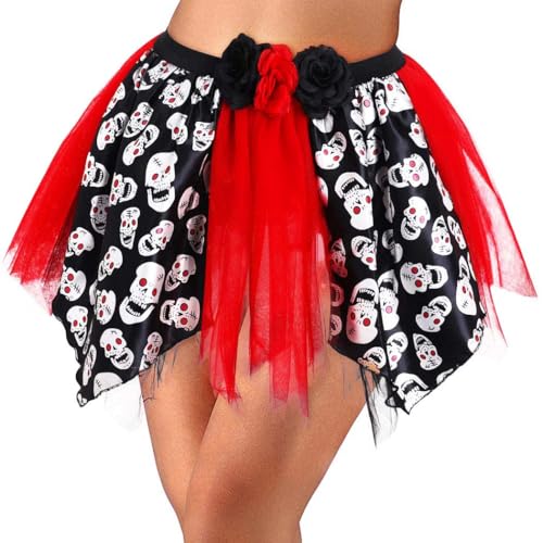 Nicute Halloween Tutu Skirt Skull Irregular Layered Tulle Skirt Day of The Dead Skirts Prom Party Skirt for Women (B)
