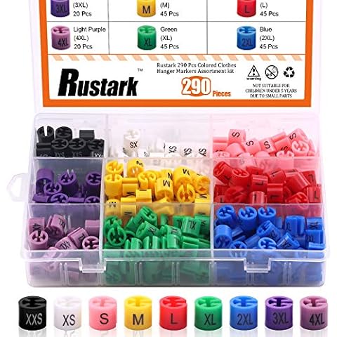 Rustark 290 Pcs Colored Clothes Hanger Markers Assortment kit- 9 Sizes (XXS - 4XL) Color-Coding Garment Size Markers Color Clothing Coded Size Clips Set with Storage Box Cover