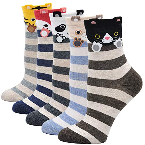 PUTUO Calcetines Divertidos Mujer Calcetines Térmicos, Calcetines de Algodón Mujer Calcetines Animales Lindos, 5 Pares