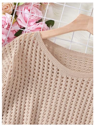 Image of Milumia Women's Crochet Short Sleeve Sweater Hollow Cap Sleeve Pullover Knit Top Khaki Medium