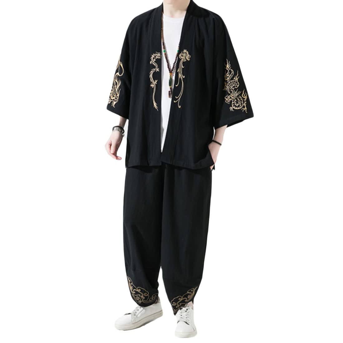 HZCX FASHIONMens Linen Suits Dragon Kimono Set Open Front Robe And Hippie Pants