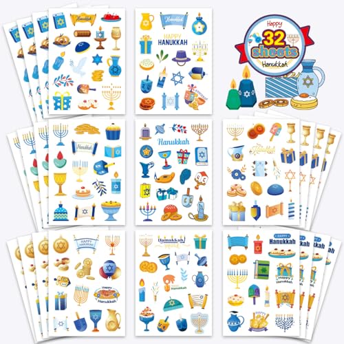 32 Sheets Hanukkah Stickers for Kids Happy Hanukkah Stickers Non-Repeating