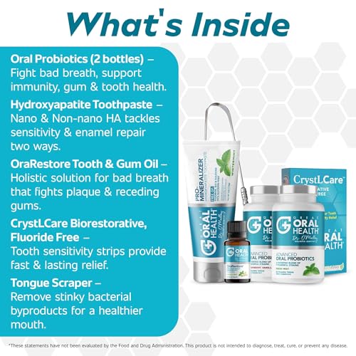 Image of Dental Care Kit 6-in-1 Oral Hygiene Products for Adults: Oral Probiotics for Teeth & Gums, Nano Hydroxyapatite Toothpaste, Natural Breath Freshener Oil, Tooth Sensitivity Treatment & Tongue Scraper