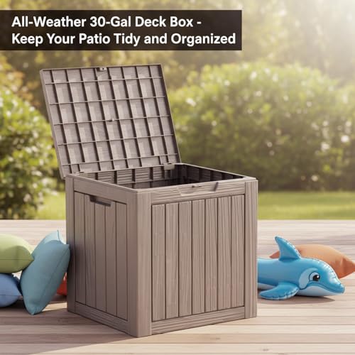Image of 30 Gallon Resin Deck Box with Lockable Lid - Outdoor Waterproof Storage for Patio Furniture, Garden Tools, Cushions & Pool Accessories, Wood Grain Design, All-Weather Durable (Grey-brown, 1 Pack)