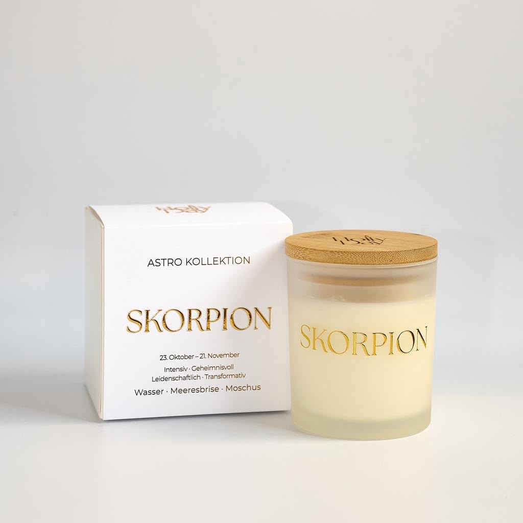 Skorpion Astro Duftkerze, Meeresbrise & Moschus, Sojawachs, 220 ml, 45–50 Stunden Brenndauer
