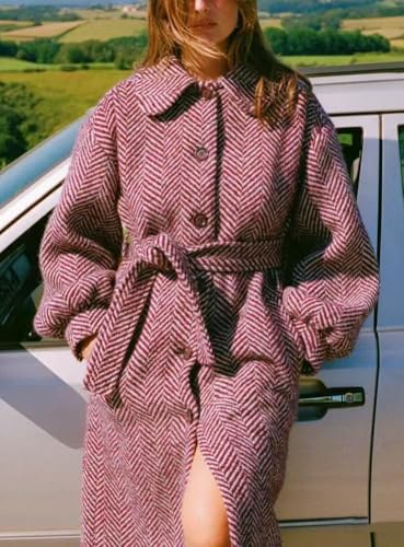 chouyatou Women's Winter Herringbone Single Breasted Wool Coat Long Lantern Sleeve Belted Midi Long Trench Coat4