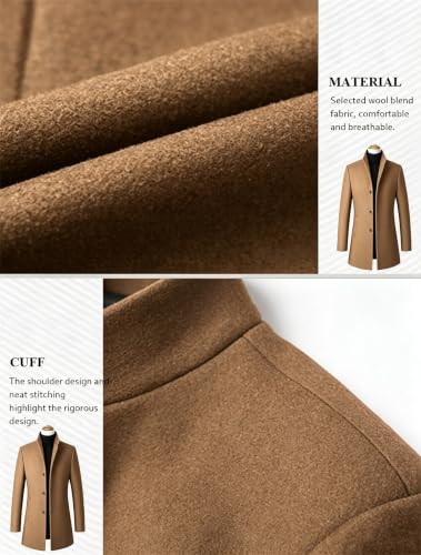 Image of FTCayanz Mens Trench Coat Wool Blend Single Breasted Overcoat | Stand Collar, Fall Slim Fit Top Coat, Winter Warm Coats for Men, Business Work Formal Casual Jacket, Daily Outwear