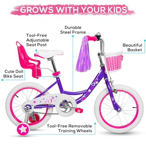 Image of WEIZE Girls Bike for 3-12 Years Old Kids, 14 16 20 Inch Kids Bike with Training Wheels, Streamers, Basket and Doll Seat, Children Bicycles with Coaster Brake, Multiple Colors