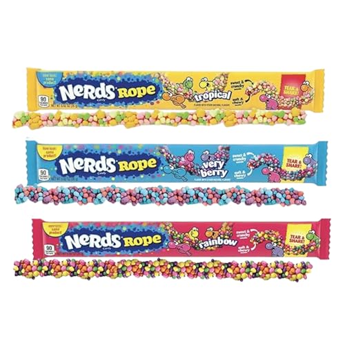 Nerd Rope Gummy Cluster - Pack of 3 - Tropical, Rainbow & Very Berry - .92 oz. Ropes (One Each)