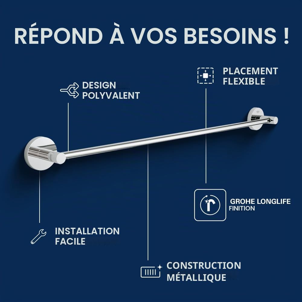 GROHE 40366001 Essentials Barre Porte-Serviettes Argent, Chromé