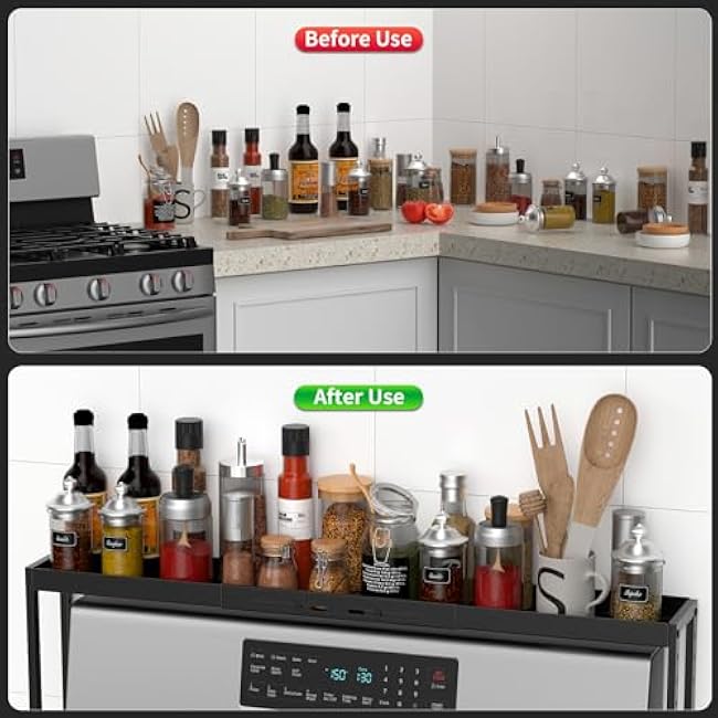 Stove Top Shelf, Kitchen Over Shelf for Stove, Stove Spice Rack for Top, Adjustable 27-33inch, Fits Various Stove Lengths, Kitchen Spice Organizer, Condiments and BBQ Sauces, Black