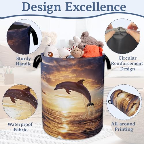 Image of Dolphins Laundry Basket,Foldable Oxford Cloth Sunset Laundry Hamper With Handle, 20.8 inchx16 inch Portable Clothes Storage Basket Bag for Laundry Room /Bathroom /Bedroom /Dormitories