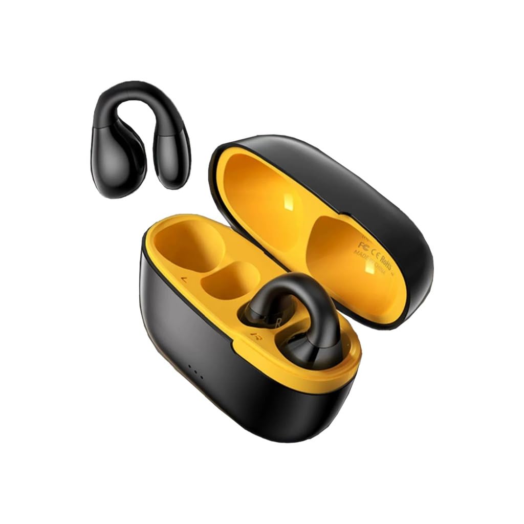 PorodoSoundtec Air Conduction TWS Earbuds 13mm Audio Driver Secure Loop Pocket Friendly Touch Controls Open Ear Design Operating Distance: 10m Charging Port: Type-C - Black/Yellow