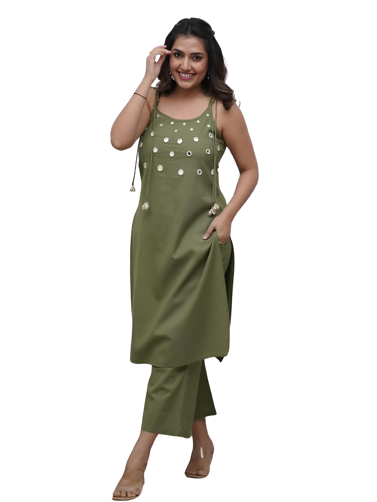 Kurta Set for Women | Ethnic Sleeveless Kurti Sets for Woman | Round Neck Embroidery Kurta Sets for Woman Daily Outfits | Cotton Ethnic Traditional Straight Kurti Set for Office-image-35