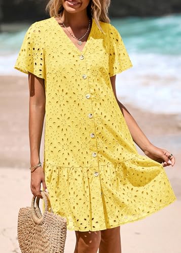 Image of KIRUNDO Eyelet Dresses for Women Button Down Mini Babydoll
