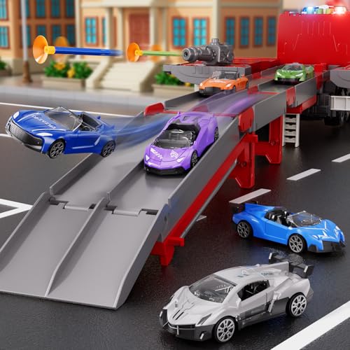 Fire Trucks Toy Set for Boys Age 3-5 4-7, Fire Car Truck for Toddlers 3 4 5 6 Years Old, Transport Truck Christmas Birthday Gifts Race Car Sets, Kids Toddlers Firetruck Toys with Light Sound Shooting — view 5