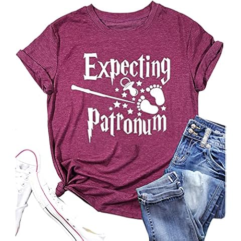 Expecting Patronum Maternity T-Shirt Women Pregnancy Announcement Shirt Funny Letter Print Pregnant Mom Tee Tops, Purple Red, X-Large Cover