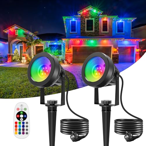 NATPOW Spot LED Extérieur RGB, 2 Pièces 16 Couleurs et 4 Modes Eclairage Exterieur avec Télécommande, Projecteur LED avec Prise, IP65 Étanche Lampe pour...