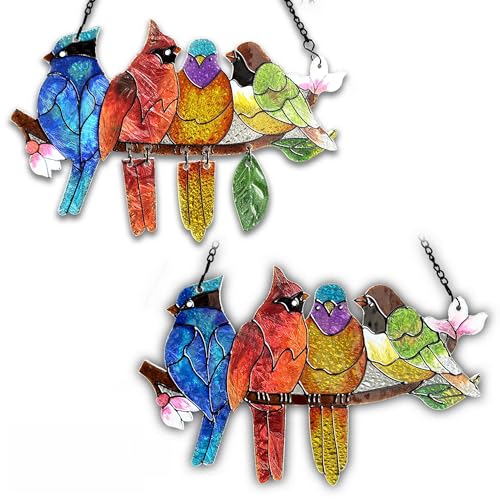 Image of DASTOLL 2 Pack Stained Glass Window Hanging - Hummingbird Decorations Suncatcher Hand-Painted Double Sided Birds on A Branch Sun Catcher for Window Home Decor Gifts for Mom,Bird Lovers