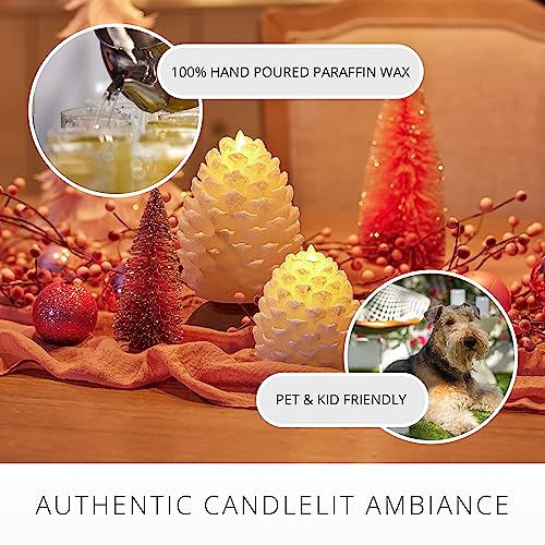 Image of Luminara Pinecone Flameless Candle White Swan Glitter and Snow Finish Pine Cone Figural, Real Wax Unscented LED Candles, Battery Operated with Timer, Holiday Decoration (4.7 inch x 6 inch)