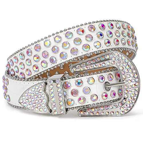 Genuine Leather Unisex Western Rhinestone Belt, Bling Diamond Studded Leather for Jeans and Pants