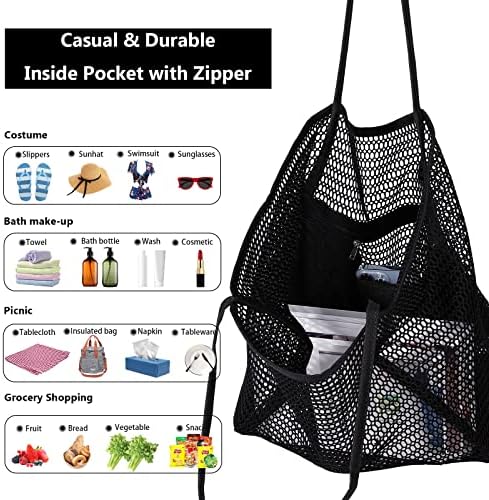 HAOYUNTE Summer Beach Bags Black Mesh Tote Bag Large Beach Bags for Women with Zipper Inner Pocket Casual Shoulder Bags for Travel Daily Pool Gym Picnic, Lightweight Shopping Bags