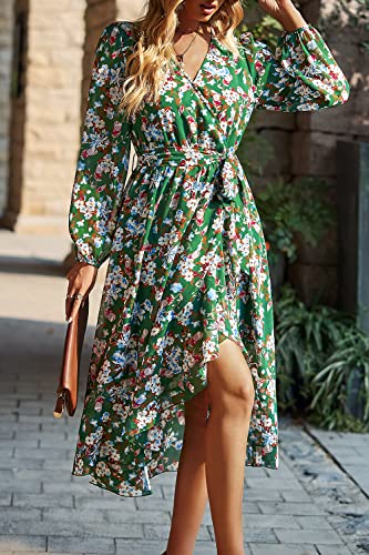 Image of PRETTYGARDEN Women's Floral Boho Dress Fall Long Sleeve Wrap V Neck Ruffle Flowy Maxi Spring Wedding Guest Vacation Dresses