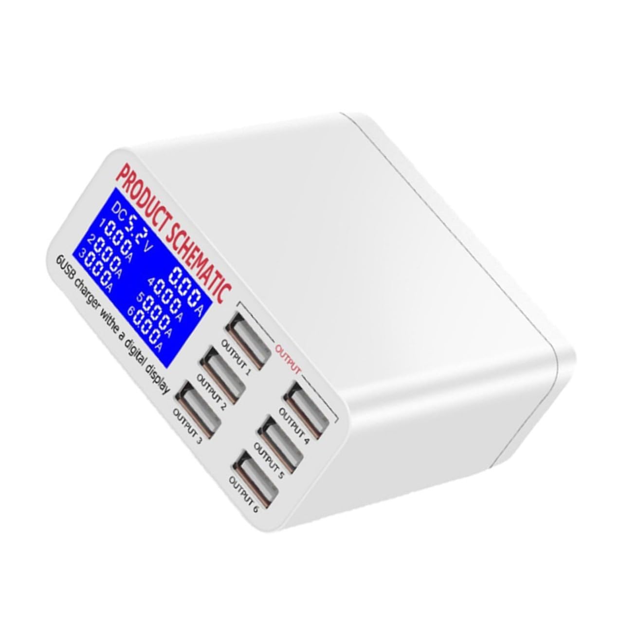 ULTECHNOVO Estación de Carga USB Múltiple 6 Puertos para Móviles y Tablets, Cargador Rápido Inteligente Pantalla LCD, Adaptador de Corriente Ac220-240v, Portátil y Compatible