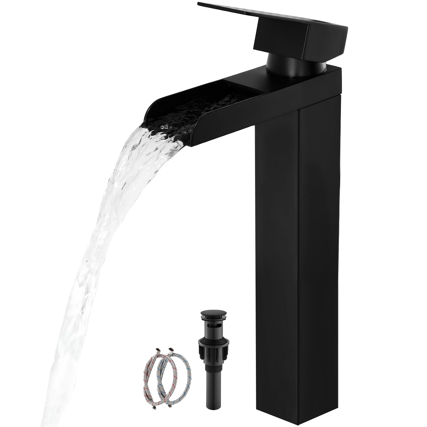 瀑布41 Black Tall Waterfall Bathroom Faucet, Single Hanlde Vessel