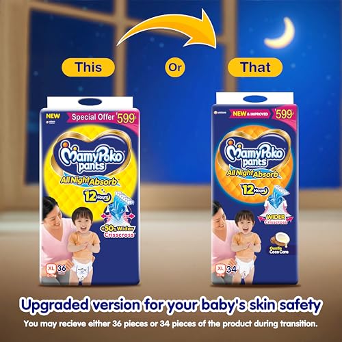 Image of Mamypoko pants All night absorb Pant Style Baby Diapers (XL)34 CountIdeal for 12-17Kgs|All night Absorption|Wider Crisscross Sheet|Gentle Coco Care12hr Leakage Protection Prevents Heaviness.