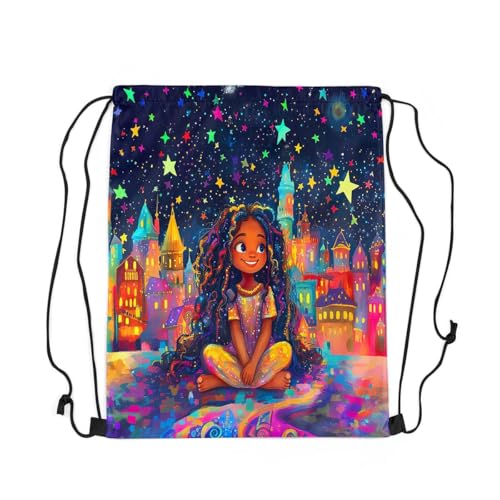 Image of jejeloiu Cute Black Drawstring Backpack 13x15.7inch Castle Star Print Waterproof Gym Drawstring Bags African American Sports String Backpack Beach Swim Travel Bag Sackpac