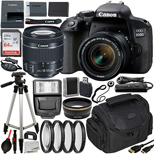 Canon EOS Rebel 800D (T7i) DSLR Camera w/ 18-55mm Lens, & Essential Accessory Bundle – Includes: SanDisk Ultra 64GB SDXC Memory Card, Digital Slave Flash, Professional Camera Bag & More