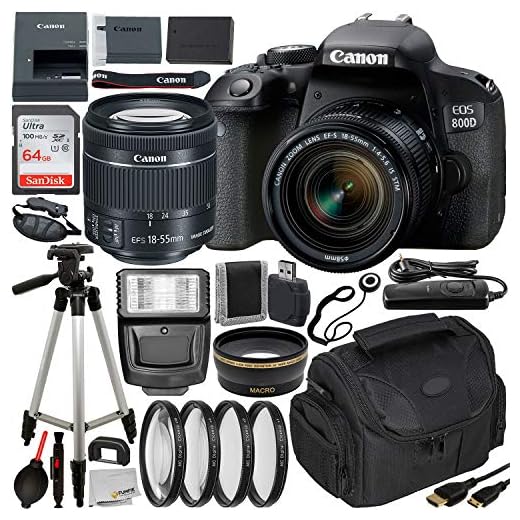 Canon EOS Rebel 800D (T7i) DSLR Camera w/ 18-55mm Lens, & Essential Accessory Bundle – Includes: SanDisk Ultra 64GB SDXC Memory Card, Digital Slave Flash, Professional Camera Bag & More