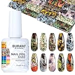 BURANO Nail Art Nail Foil Glue Gel, 15 ML 1 Bottle Foil Transfer Gel with 10PCS Stickers, UV LED Lamp Required Nail Design Foils Glue for Nails 19