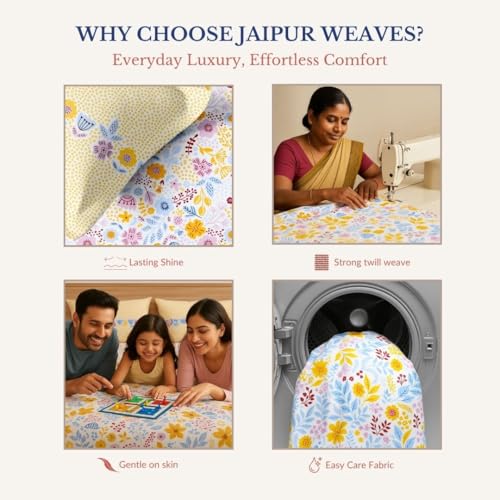 Image of Jaipur Weaves King Size Elastic Fitted Bedsheet,100% Pure Cotton King Size Fitted Bedsheet for Double Bed with 2 Pillow Covers, 240 TC, 72x78 Inches up to 8-inch Mattress,Floral (Sunny Floral Delight)