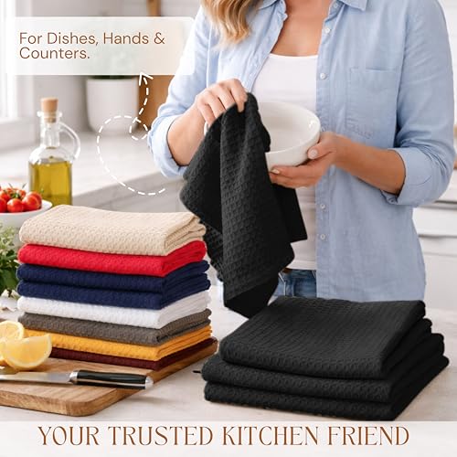 Image of Black Waffle Kitchen Dish Towels, 100% Cotton, Quick Dry, Super Absorbent, Soft, 16x26 Inches - Ideal for Dish Drying, Bar, Hand Wipe, Cleaning, and Everyday Use, 4 Pack