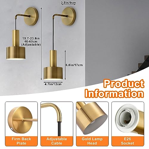 Image of Gold Indoor Wall Sconces Set of 2, Modern Adjustable Height Bedside Wall Lamp, Wall Mounted Lamp, E26 Brass Wall Lights Fixtures for Bedroom Living Room Hallway Corridor Stairs