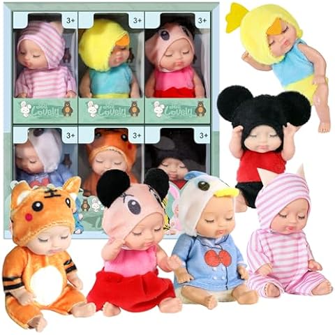 Christoy 6 Sets 4 Inch Dolls Mini Reborn Baby Dolls with Animal Clothes Realistic Baby Doll Set for Girls Boys Toddlers and Kids 3+ (B) Cover