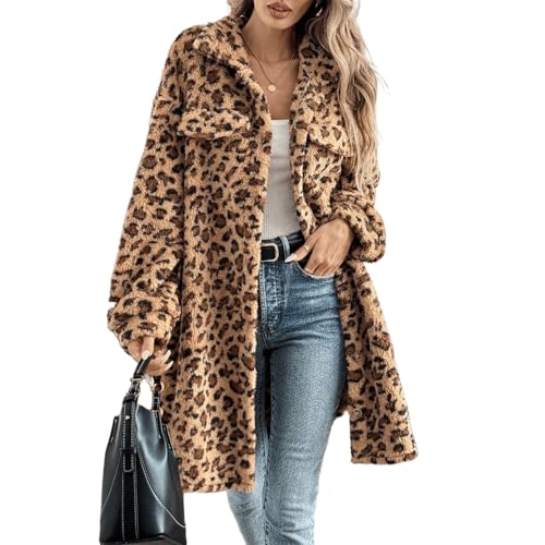 Women's Faux Fur Long Jacket Fleece Leopard Printed Button Down Coats Lapel Flannel Jacket Winter Fall Outwear