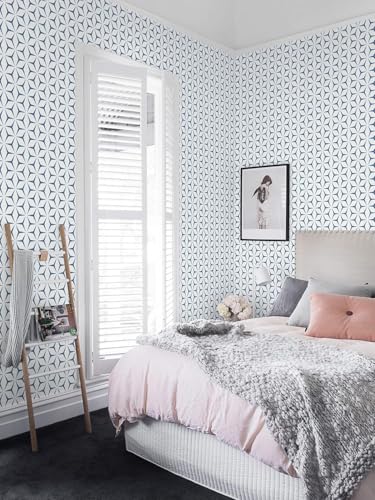 Image of Blue and White Hexa Geometric Wallpaper,Self-Adhesive, Waterproof PVC Vinyl Wall Sticker & Peel and Stick Contact Paper for Kitchen, Wardrobe, Furniture & Home Decor Renovation (45x300 cm)