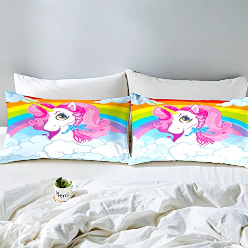 Sonicpony Unicorn Duvet Cover Full Queen Comforter Cover 3 Pcs Bedding Set Quilt Cover Pink Rainbow 3D Cartoon Print Bedroom Deco 1 Duvet Cover 2 Pillow Shams No Comforter (Pink, Full/Queen) #TOP3