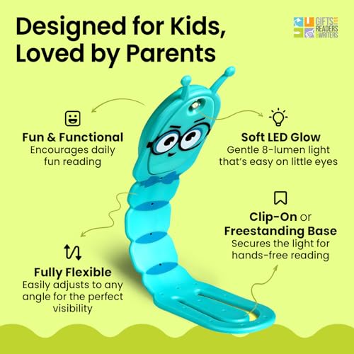 Image of Gifts for Readers & Writers Book Light for Kids, Clip On Reading Light for Bed, 2in1 Flexilight Pals & Bookmark, Small & Lightweight with a Soft Glow, 2 Batteries Included, Bookworm Teal